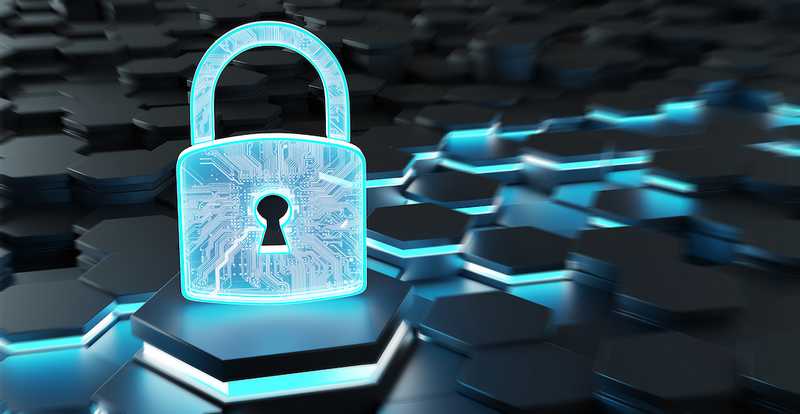 Black and blue padlock icon on hexagons 3d